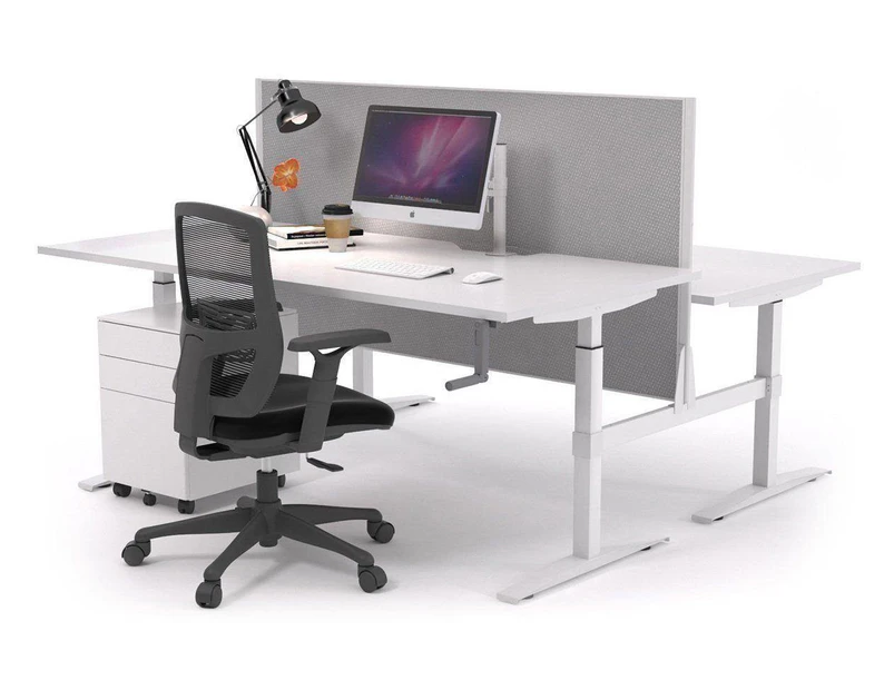 Stand Up - Manual Height Adj T Workstation White Frame [1800L x 800W with Cable Scallop] - white, city fabric (900H x 1800W)