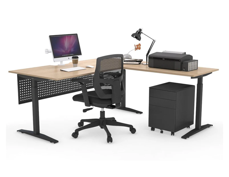 Sit-Stand Range - Electric Corner Standing Desk Black Frame Left or Right Side Return [1800L x 1550W with Cable Scallop] - maple, black modesty