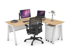 Quadro A Leg - L Shaped Corner Office Desk - White Leg [1400L x 1450W] - maple, white modesty