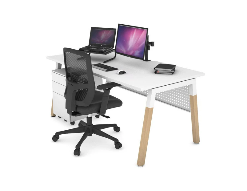 Quadro A Leg Office Desk - Wood Leg White Cross Beam [1200L x 800W with Cable Scallop] - white, white modesty