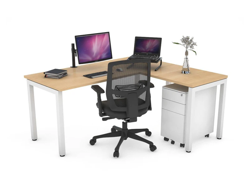 Quadro Square Leg - L Shaped Corner Office Desk - White Leg [1400L x 1700W] - maple, none