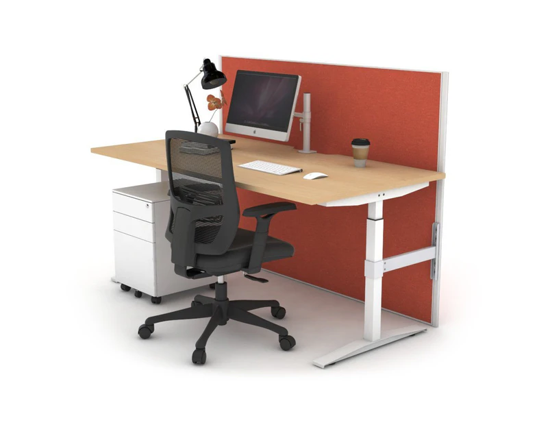 Single Sided Electric T Sit Stand Workstation - White Frame [1600L x 800W with Cable Scallop] - maple, orange squash (1200H x 1600W)