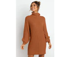 Azura Exchange Brown Turtleneck Balloon Sleeve Sweater Dress Women Clothing Sweater Dresses - Brown