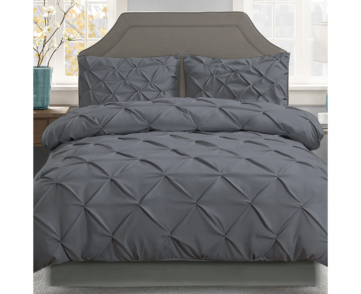 Pintuck Diamond Pleated Bedding Quilt Cover Doona Duvet Set 3Pcs King Charcoal