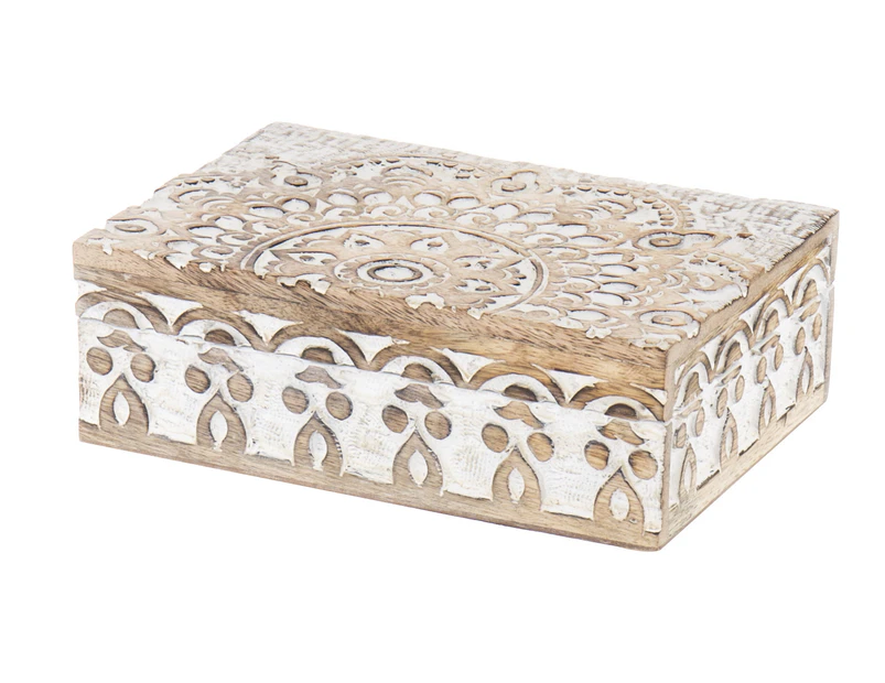 Amalfi Charu Decorative Box Hand Carved Trinket Box Jewellery Holder Storage Home Decor - White Wash