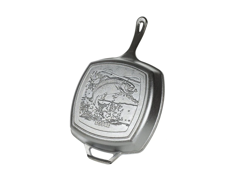 (27cm  Grill Pan - Fish) - Lodge Wildlife Series - 27cm Square Seasoned Cast Iron Grill Pan with Fish Scene and Assist Handle