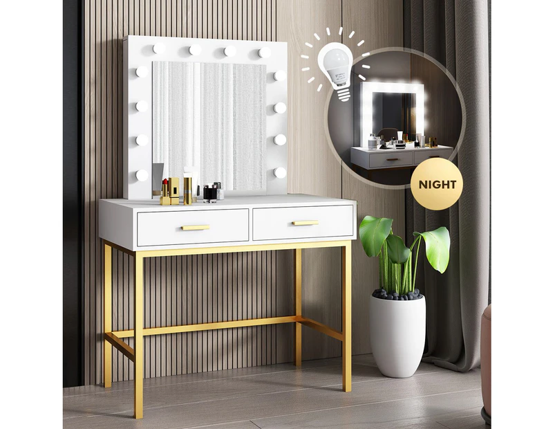 Large Vanity Dressing Table Dresser Makeup Table with 12 LED Lights Mirror and 2 Drawers, White