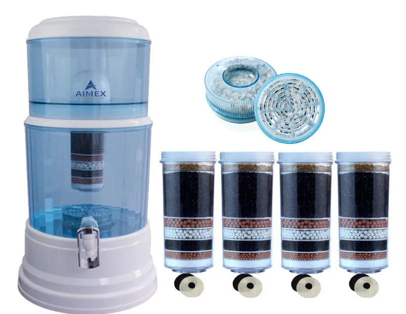 Aimex 20L Benchtop Water Filter- Water Dispenser/Purifier Jug clear with 4 x 8 Stage Filter Cartridges and Maifan Stone