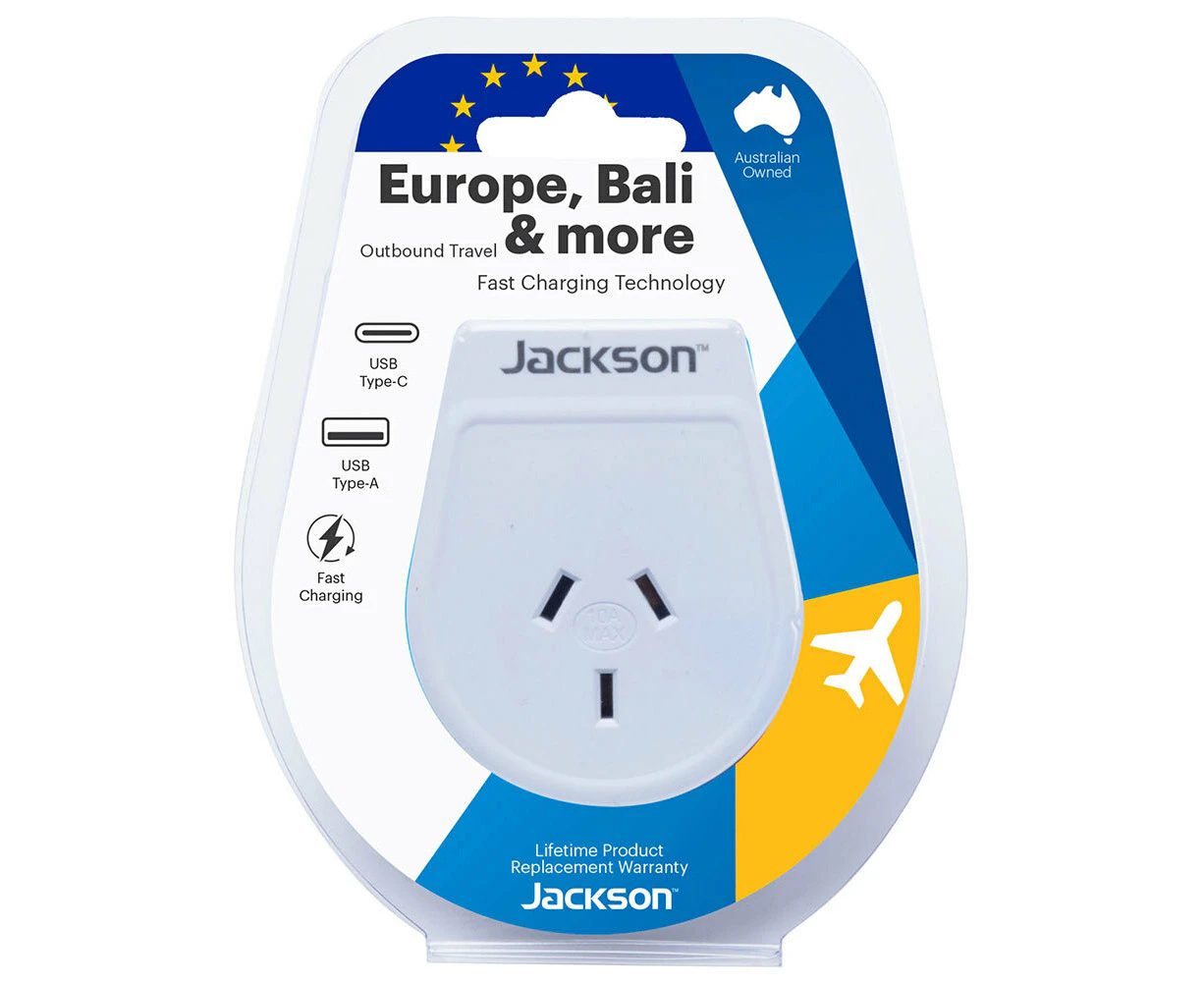 Jackson Travel Power  Adaptor AUS/NZ To Europe & Bali w/ USB Type A/Type C