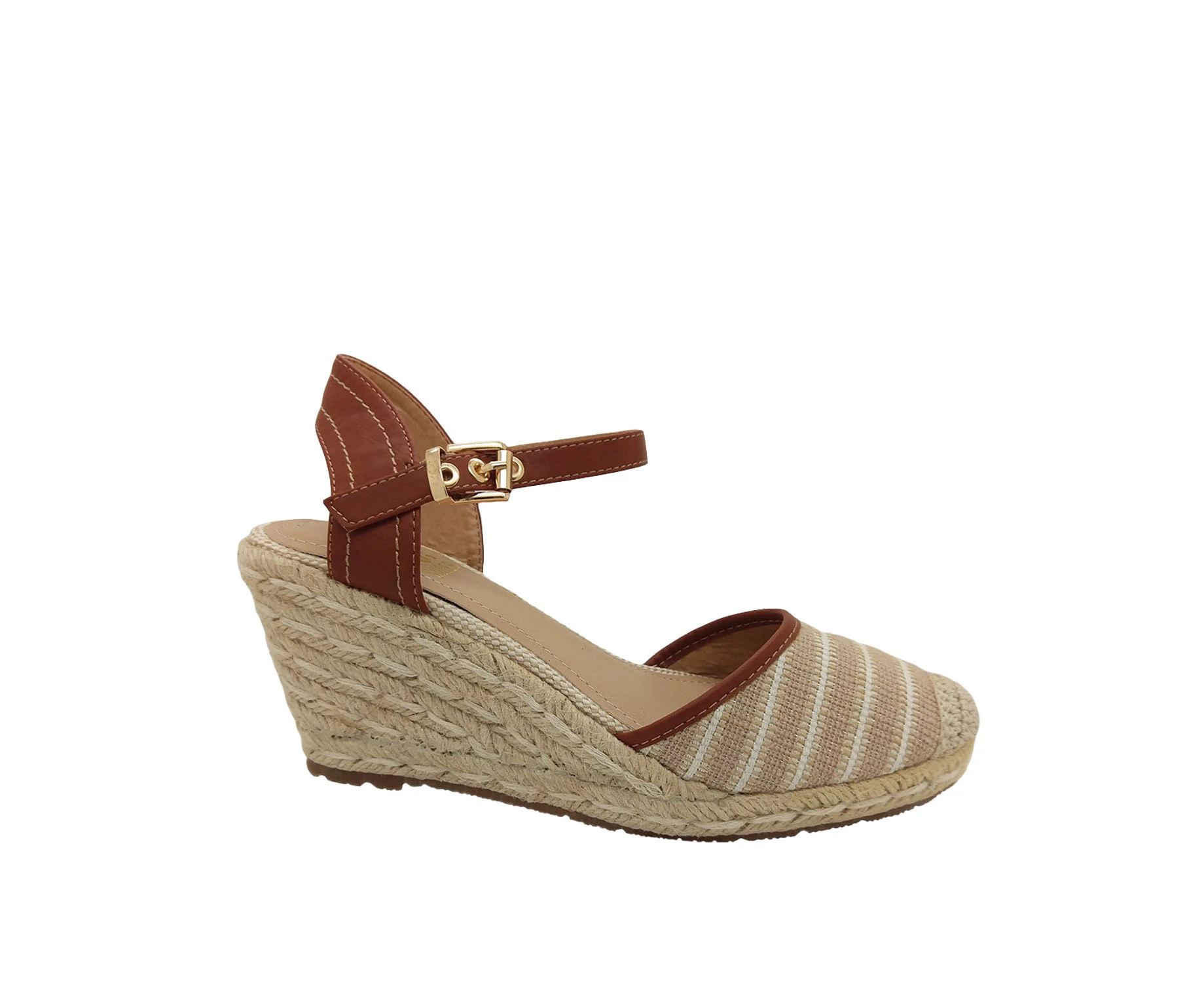 No! Shoes Lollypop Ladies Espadrilles Wedge Sole Closed Toe Buckle Strap - Beige