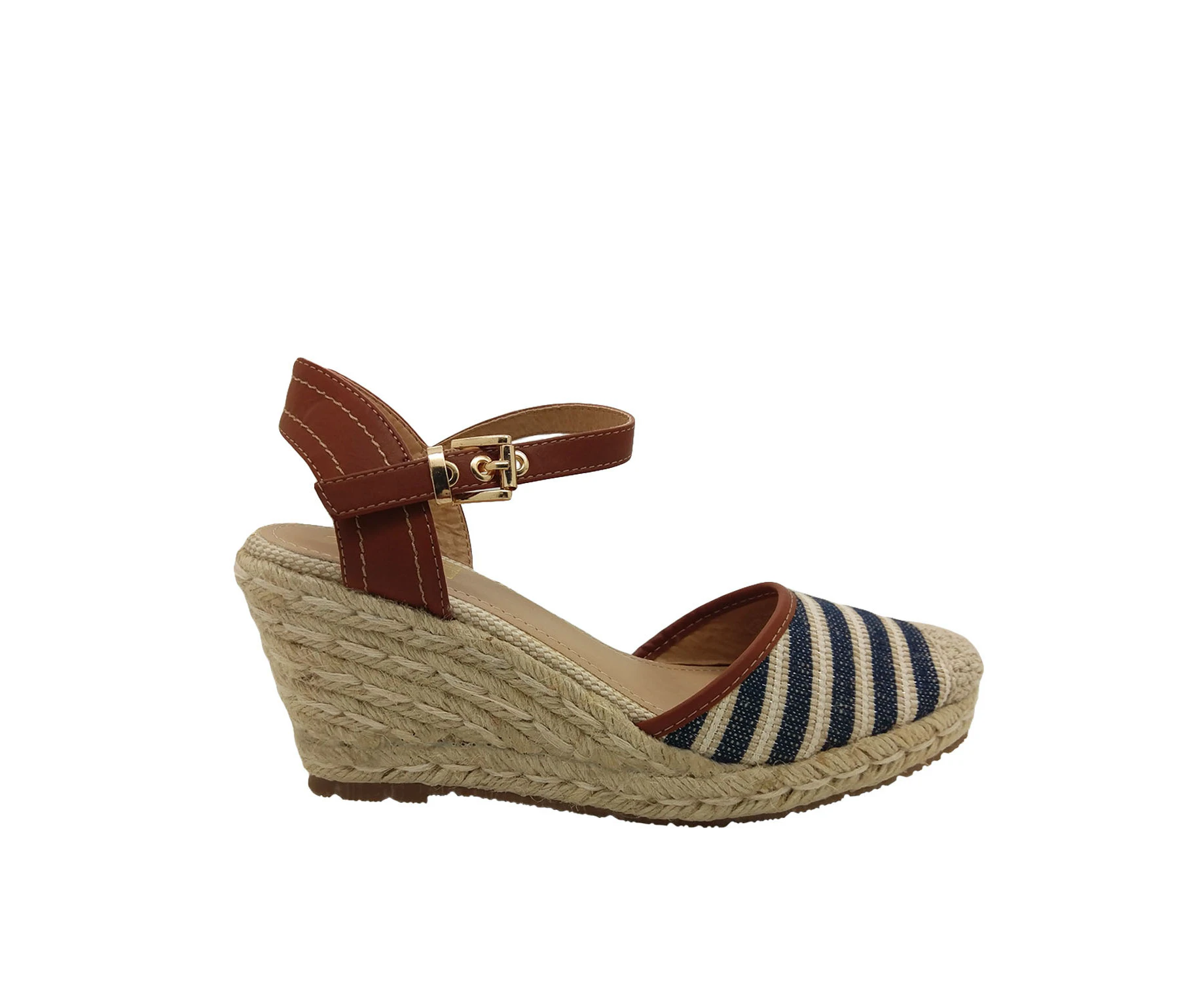 No! Shoes Lollypop Ladies Espadrilles Wedge Sole Closed Toe Buckle Strap - Navy