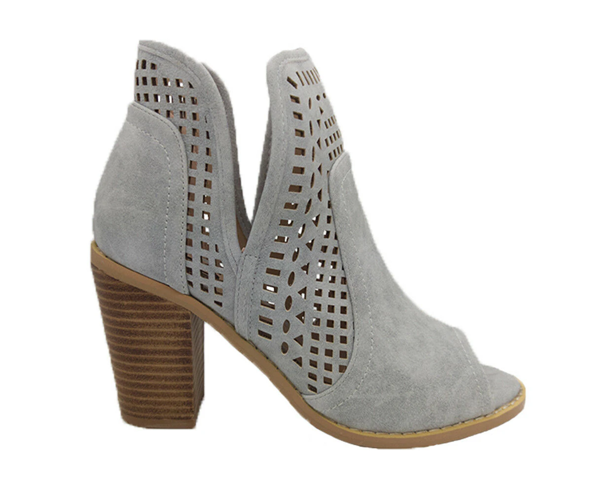 Ladies No Shoes Promise Pattern Peep Toe Slip on Caged Stack Heel - Ice Grey