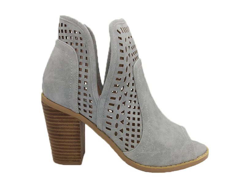 Ladies No Shoes Promise Pattern Peep Toe Slip on Caged Stack Heel - Ice Grey