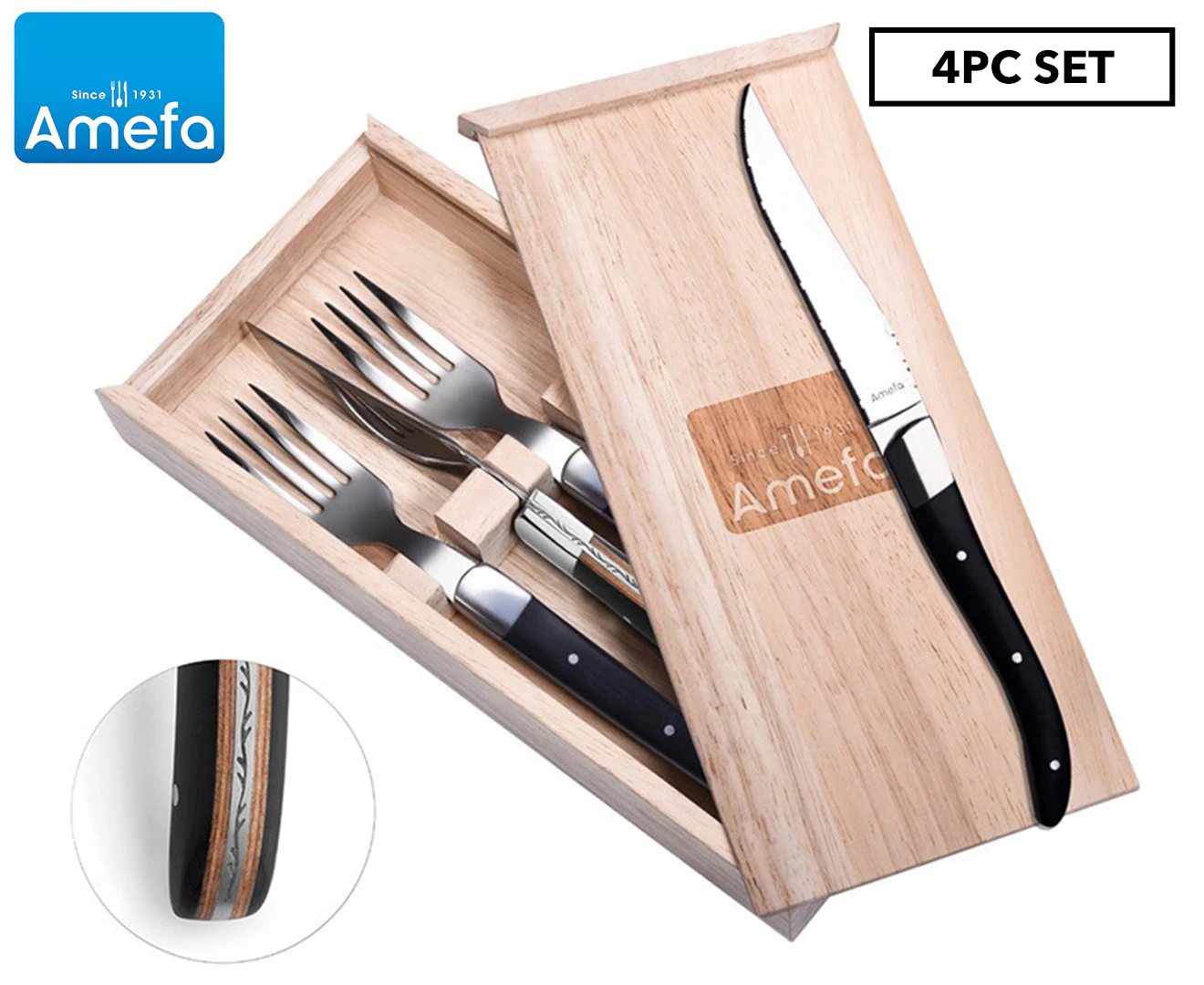 Amefa 4-Piece Royal Steak Knife & Fork Set - Silver/Black