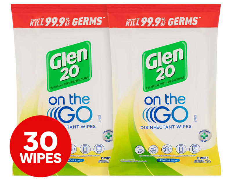 2 x 15pk Glen 20 On The Go Disinfectant Wipes Lemon Lime