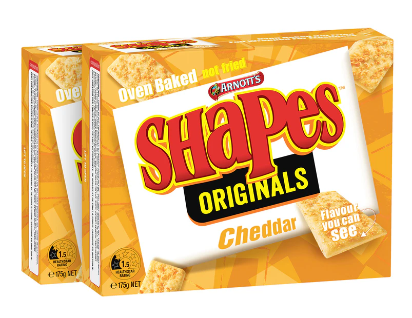 2 x Arnott's Shapes Originals Cracker Biscuits Cheddar 175g