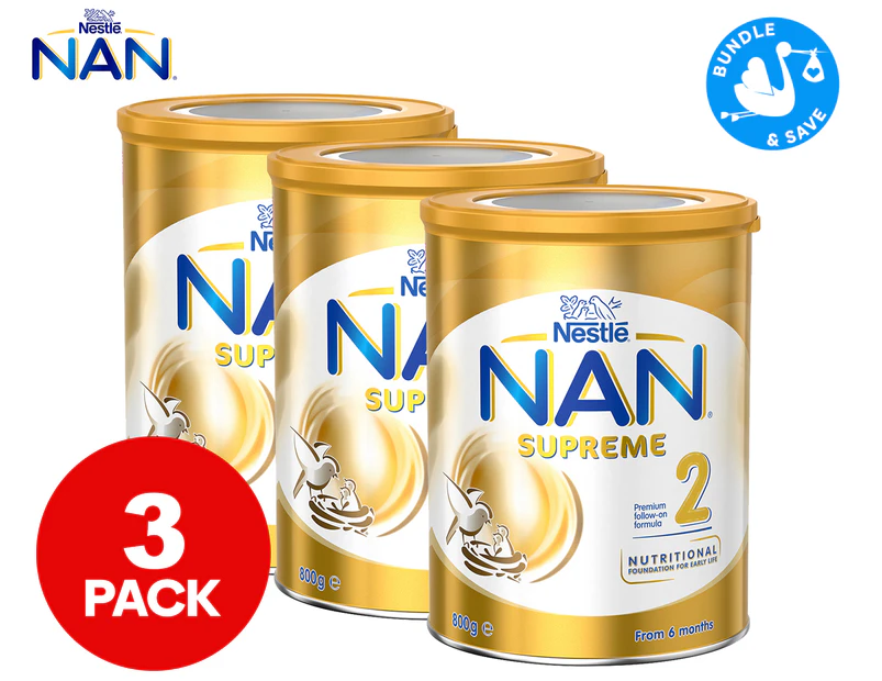 3 x Nestlé NAN Supreme 2 Follow-On Baby Formula Powder 6-12 Months 800g