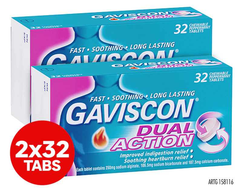 2 x Gaviscon Dual Action Peppermint 32 Tablets