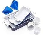 (blue) - Vexilsy Baking Dish Set, Ceramic Bakeware Set Includes 3 Rectangular Nonstick Casserole Dish, 4 Ramekins, Silicone Double Finger Grip, Baking Pans