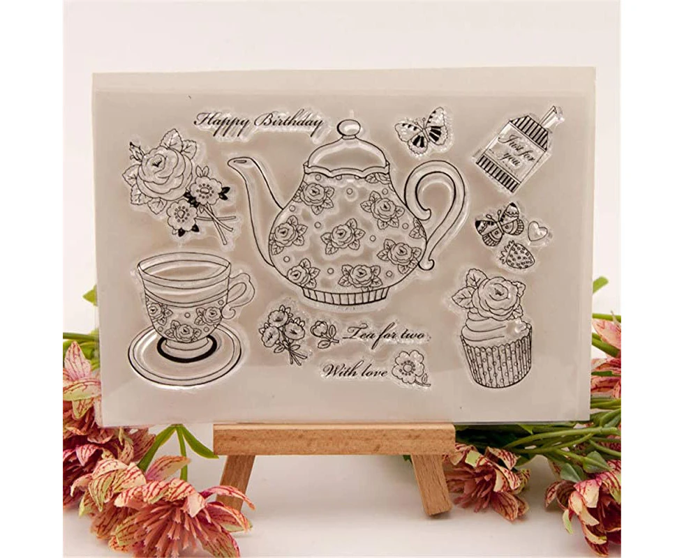 (T1631) - Flower Teapot Set Happy Birthday Butterfly Clear Rubber Stamps for Card Making and Scrapbooking Cup Cake Just for You Birthday Thanksgiving Chris