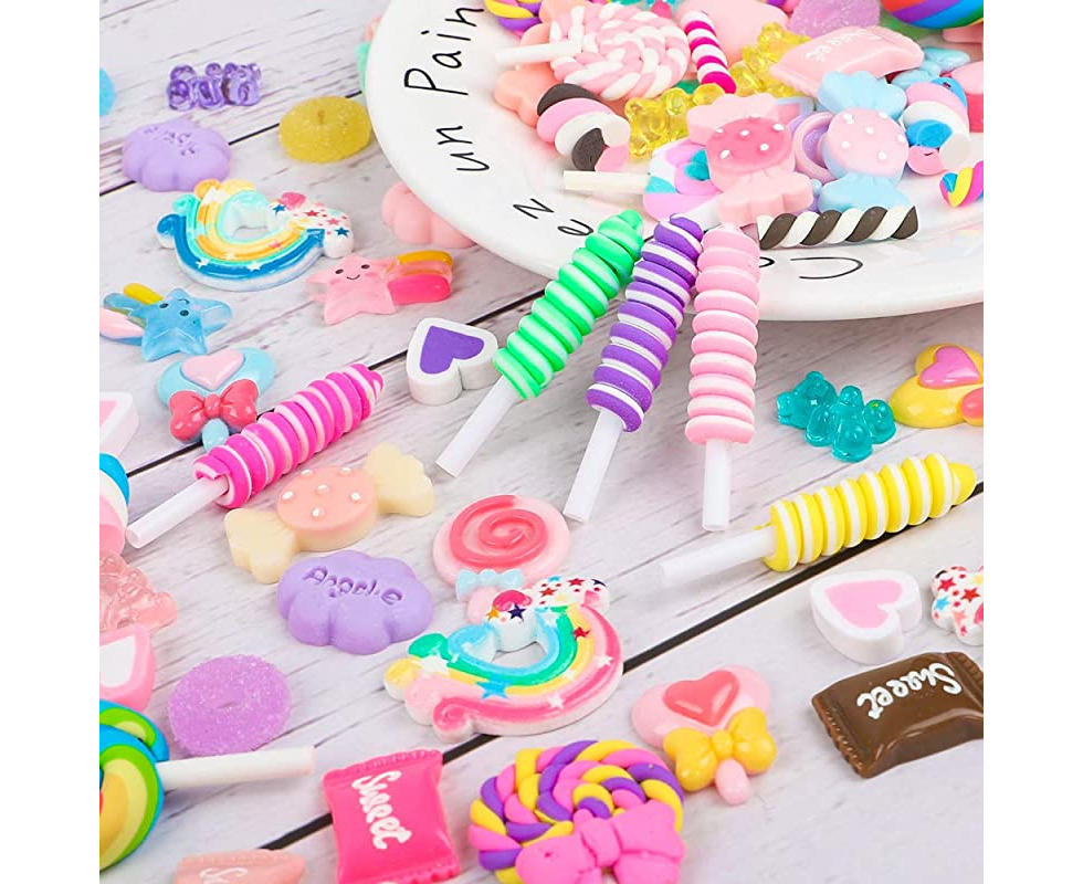 Slime Charms Cute Set- 100pcs Charms for Slime Assorted Fruits Candy Sweets Flatback Resin Cabochons for Craft Making, Ornament Scrapbooking DIY