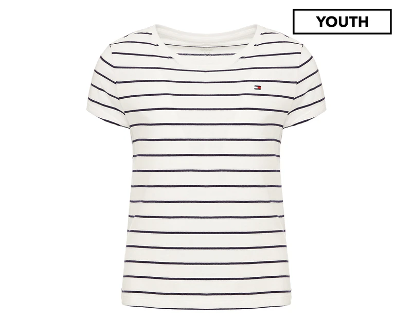 Tommy Hilfiger Youth Girls' Jules Yardage Stripe Tee / T-Shirt / Tshirt - White/Evening Blue