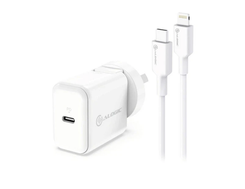 Alogic CO-C18C8PWH Combo Pack USB-C 18W Wall Charger with PD and USB-C to Lightning Cable