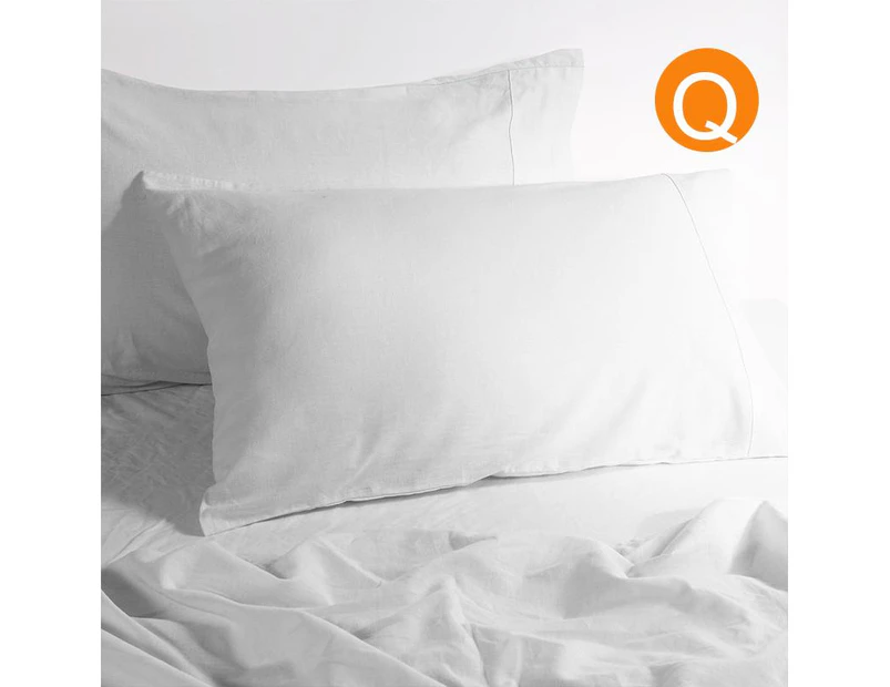 Amor Luxurious Linen Cotton Sheet Sets Flat Fitted Sheet Pillowcases White - Queen