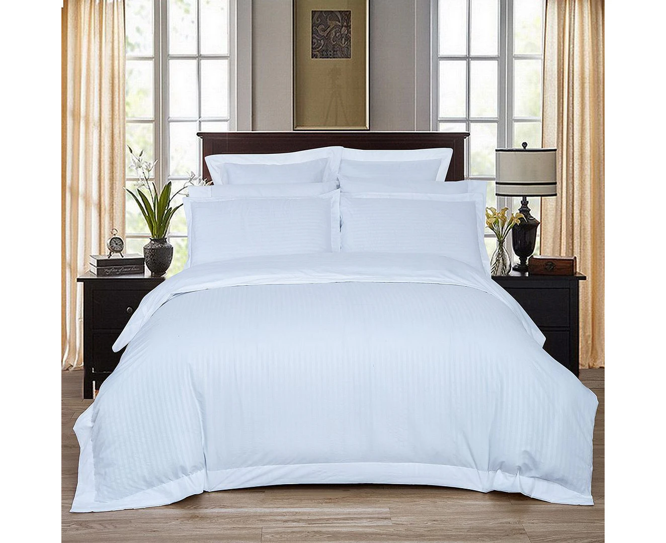 1000TC Ultra Soft Striped Quilt/Doona/Duvet Cover Set (Queen/King /Super King Size Bed) - White