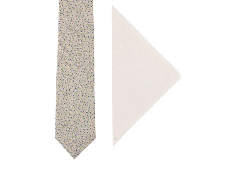 AusCufflinks Floral Cream Skinny Tie + Pocket Square (Cream Solid) Set for Him