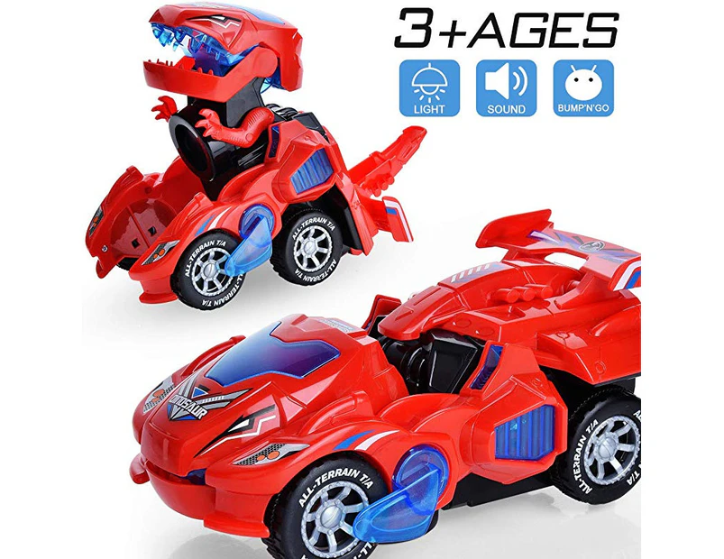 (Red) - Sunnhan Transforming Toys, 2 in 1 Transforming Dinosaur LED Car Dinosaur Transform Car Toy Automatic Dinosaur Dino Transformer Toy Car Lamps for Ki