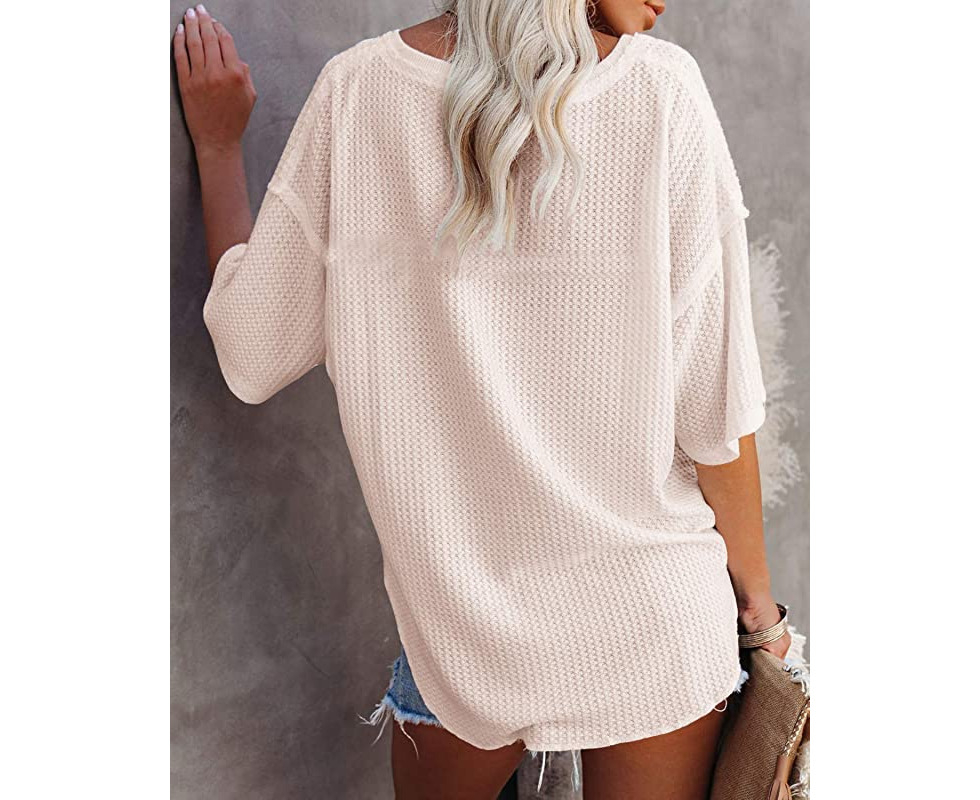 Yanekop Womens Oversized Waffle Knit Pullover V Neck Half Sleeve Sweater Loose Fit Top 
