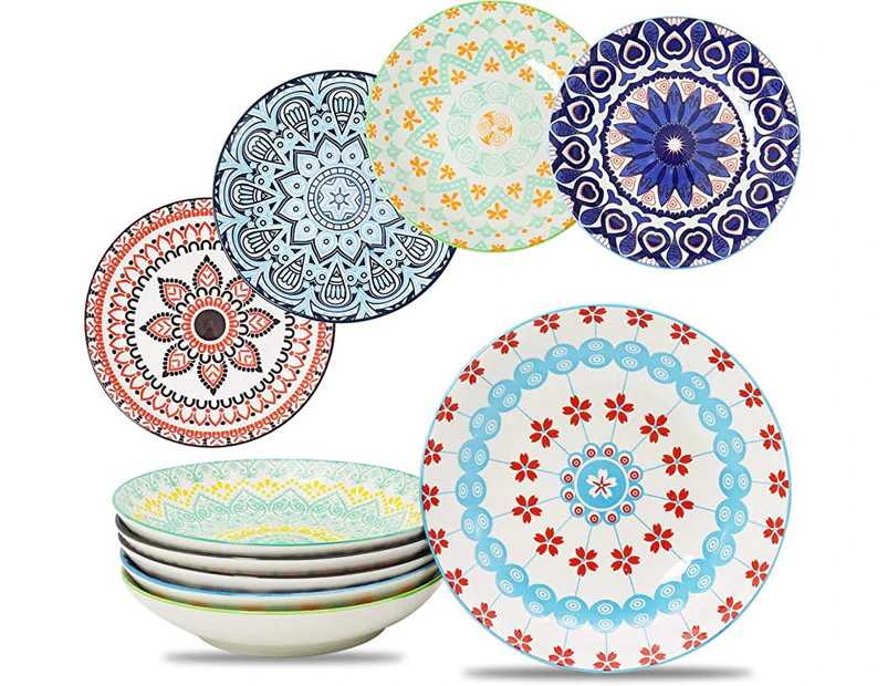Farielyn-X Large Salad Pasta Bowls Set of 6, Wide and Shallow Porcelain Dinner Bowl/Dishes, 798ml Assorted Patterns Serving Plates and Bowls for Pasta, Sal
