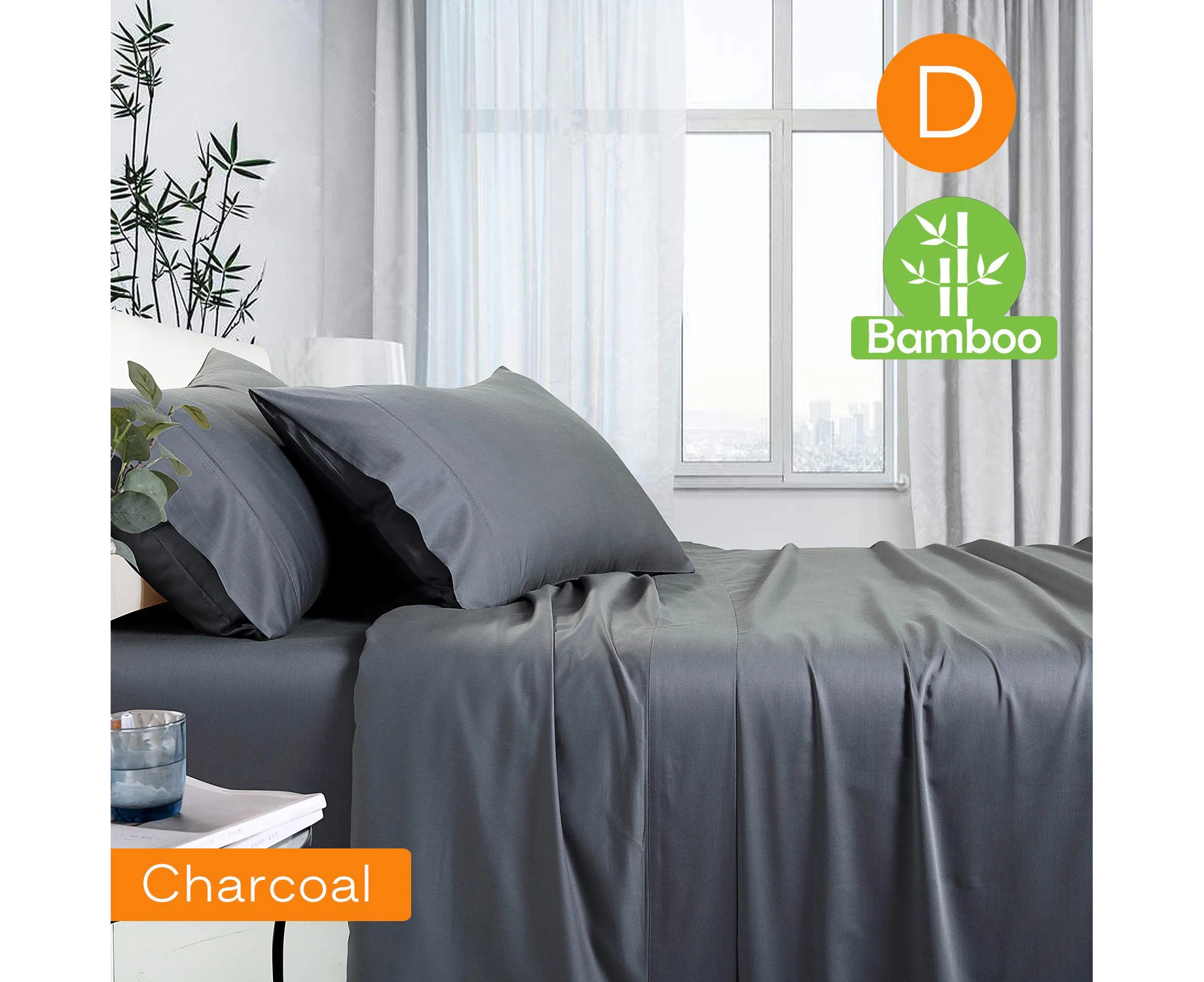 1000tc Luxurious Bamboo Cotton Sheet Sets Fitted Flat Sheet Pillowcases All Size Charcoal - Double