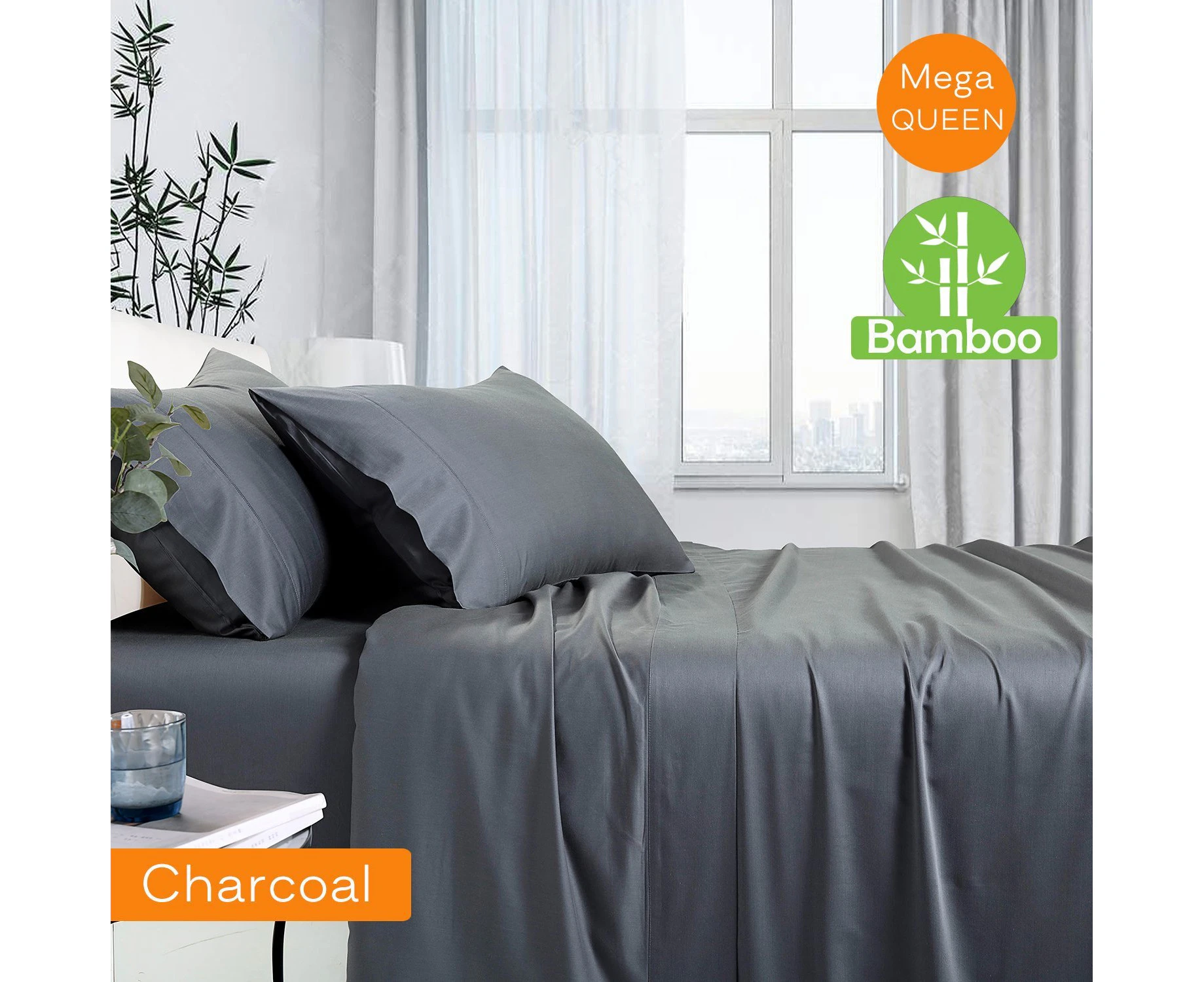 1000tc Luxurious Bamboo Cotton Sheet Sets Fitted Flat Sheet Pillowcases All Size Charcoal - Mega Queen