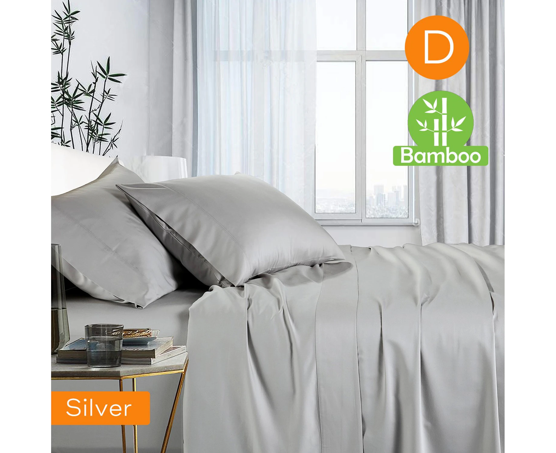 1000tc Luxurious Bamboo Cotton Sheet Sets Fitted Flat Sheet Pillowcases All Size Silver - Double