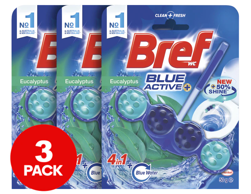 3 x Bref Blue Active+ Rim Block Toilet Cleaner Eucalyptus 50g
