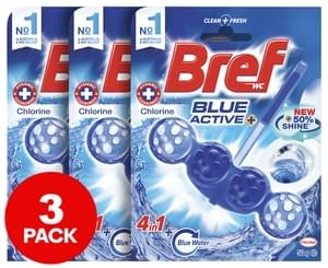 #3 x Bref Blue Active+ Rim Block Toilet Cleaner Chlorine 50g