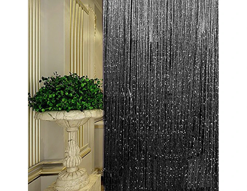 (Black) - String Curtain Panel, Glitter Door Wall Window Doorways Panel Fly Screen Fringe Room Divider Blinds, Decorative Tassel Ribbon Strip Silver Screen