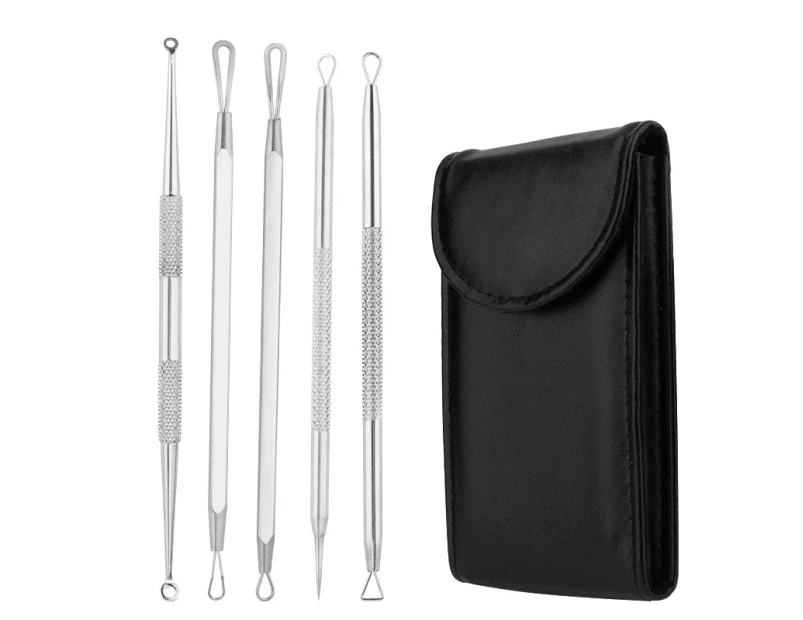 Beakey 5Pcs Curved Blackhead Tweezers Kits Professional Stainless Pimple Acne Blemish Removal Tools Set-Silver