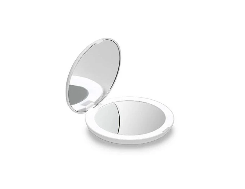Beakey Portable LED Lighted Travel Makeup Mirror 10X Folding Mirror Handheld 2-Sided Mirror-White