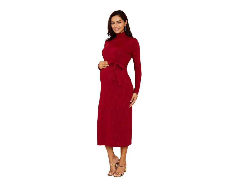 Lilly & Me Fitted Maternity Dress With Belt - Burgundy