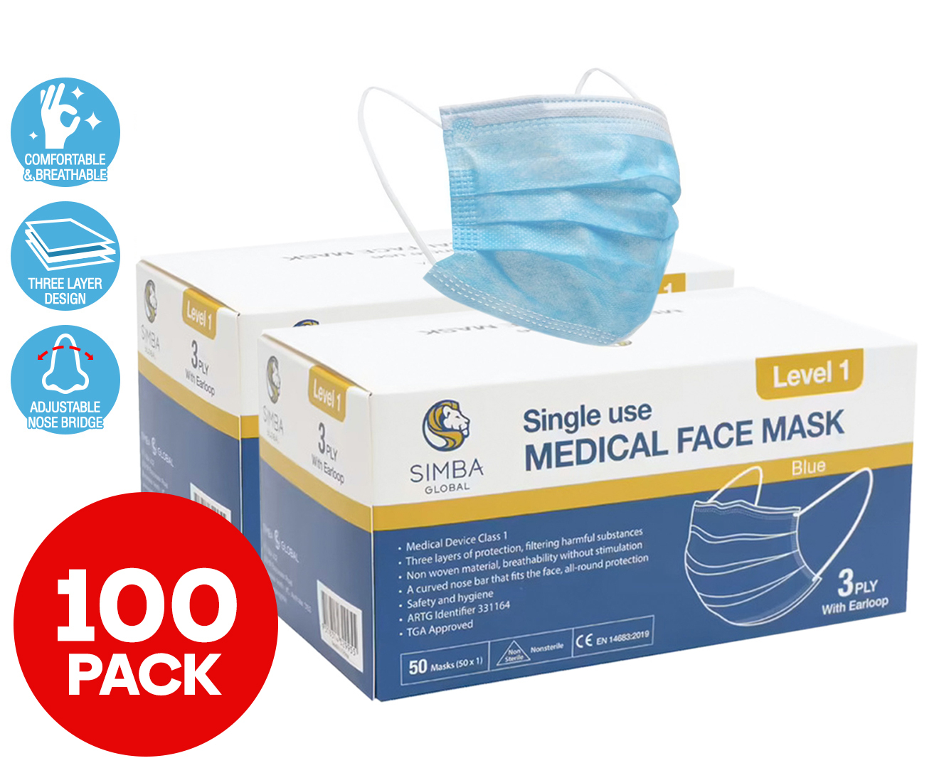 2 X Simba Disposable 3ply Face Masks 50pk - Blue | Catch.com.au