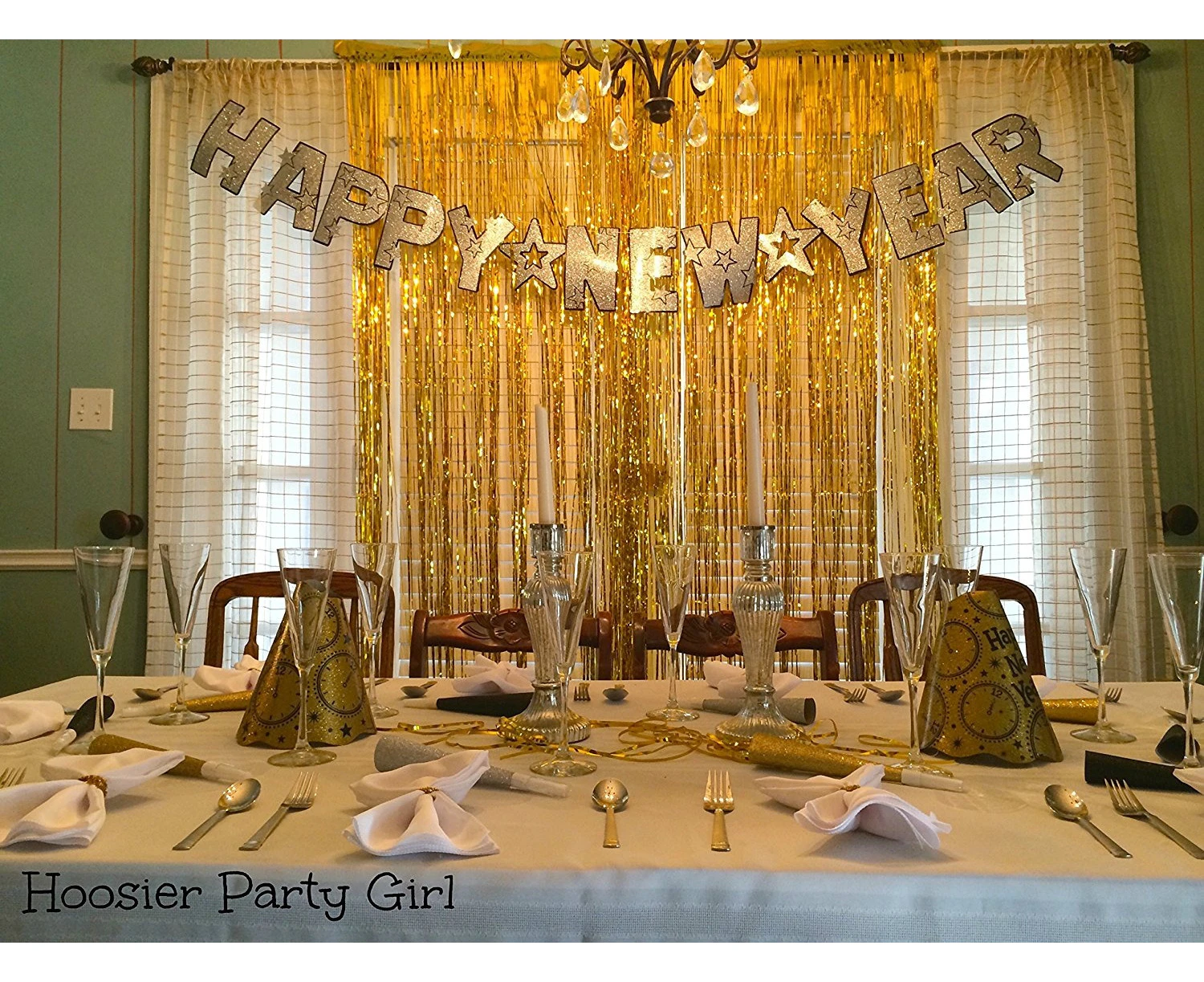 (2 pc Metallic Gold) - Adorox (2 pc Metallic Gold) Metallic Silver Gold Rainbow Foil Fringe Curtains Party Wedding Event Decoration