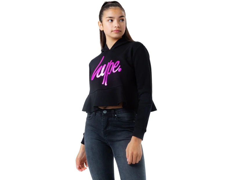 Hype Girls Holo Script Cropped Pullover Hoodie (Black/Pink) - HY4441