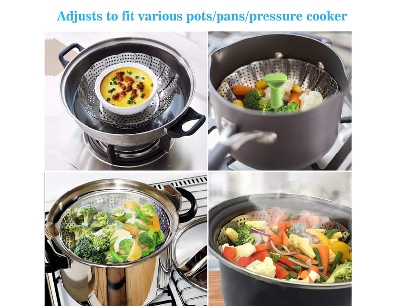 Food-Grade Stainless Steel Steamers Vegetable Steamers Basket with Extendable Handle and Foldable Silicone Feet，Insert for Pots Pans Crock Pots & More 9inch 