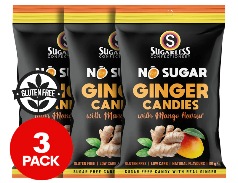 3 x Sugarless Confectionery Ginger Candies Mango 60g