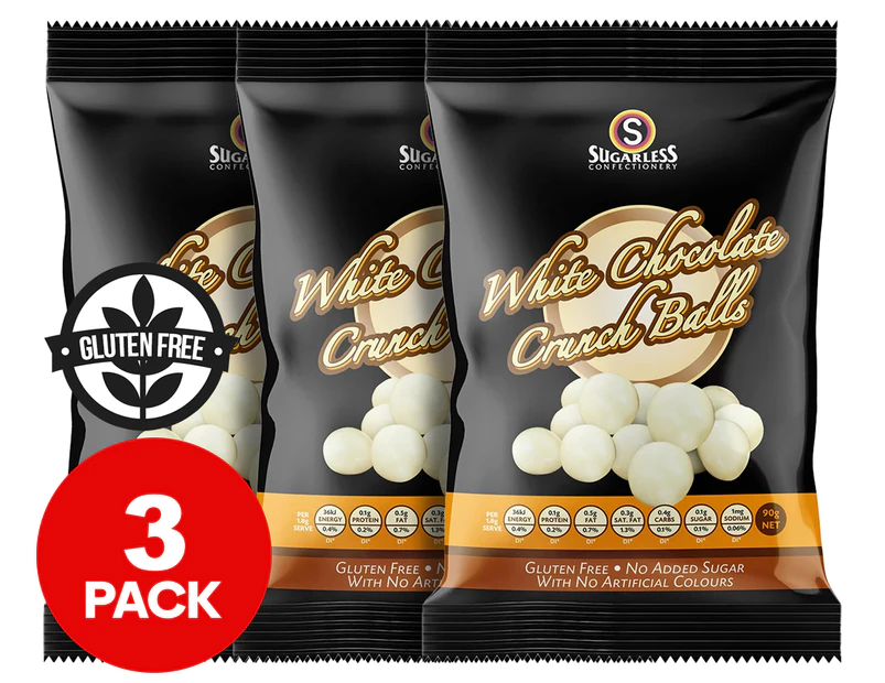 3 x Sugarless Confectionery White Chocolate Crunch Balls 90g