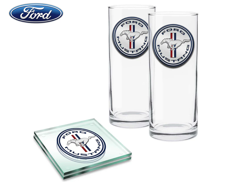 Ford 4-Piece Mustang Highball Glasses & Coasters Pack