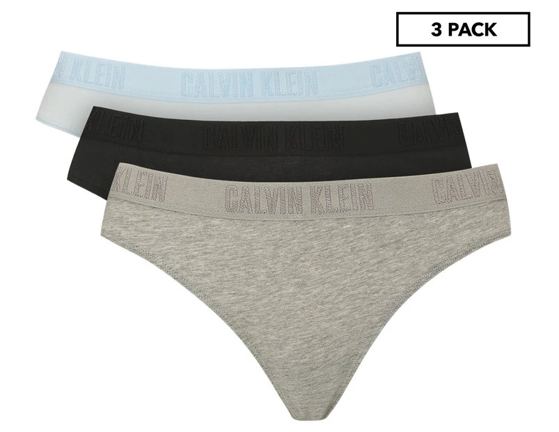 Calvin Klein Women's Monochrome Thong 3-Pack - Grey Heather/Black/Blue Dream